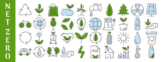 Ecology and green energy, ESG icon set. Editable stroke. Eco friendly vector isolated colorful sign. Concept of net zero emissions by 2050. Ecology environment improvement, recycle, renewable energy