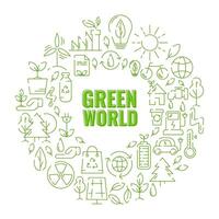 Ecology, round design, with text green world, line icons. Ecology environment improvement, sustainability, recycle, renewable energy. Eco friendly vector. Concept of net zero emissions by 2050. vector