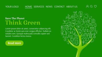 Ecology template for website, tree with line ecological icons, text think green. Save the planet concept, environment improvement, sustainability, recycle, renewable energy. For banner, landing page vector