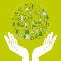 Ecology poster, human hands holding earth with eco friendly energy sources, circle with line ecological icons. Save the planet, environment improvement, recycle, renewable energy. Vector square design