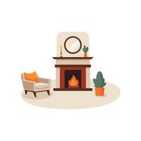 Illustration of Warm Home Fireplace and Candles in Flat Design Style, Vector Isolated on a White Background.