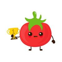 Cute happy tomato fruit with gold trophy. Vector flat fruit cartoon character illustration icon design