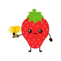 Cute happy strawberry fruit with gold trophy. Vector flat fruit cartoon character illustration icon design
