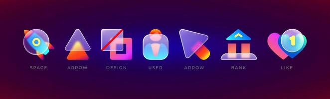 Glassmorphism icons. Realistic glassmorphism UI icons set. Vector collection of glassmorphism gradient elements for your design. Eps 10