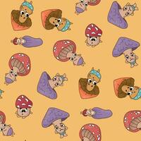 Seamless pattern with mushroom characters. Design for fabric, textile, wallpaper, packaging. vector