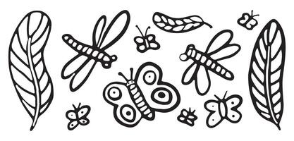 Black and white insect illustrations of dragonflies and butterflies, playful, educational collection of minimalistic doodles. Perfect for kids and creative projects. vector