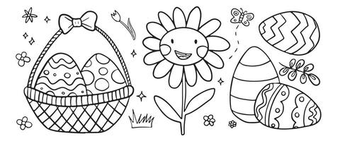Cheerful Easter coloring scene with decorated eggs in a basket, a smiling sunflower, and a playful butterfly, perfect for kids' crafts and activities. vector