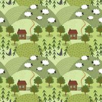 Sheep in the meadow, forest with a wolf. Seamless pattern. Vector illustration