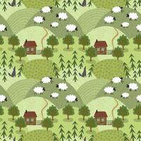 Sheep in the meadow, forest with a wolf. Seamless pattern. Vector illustration