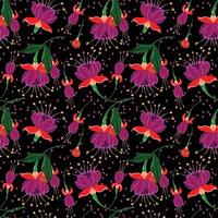 Black Seamless Pattern With Purple Fuchsia Flowers vector
