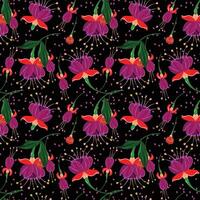 Black Seamless Pattern With Purple Fuchsia Flowers vector