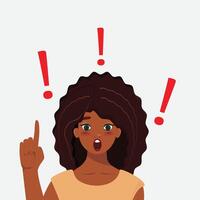 Black Woman with index finger up and with exclamation marks around her vector