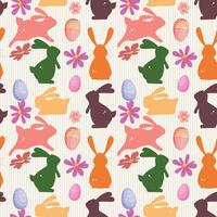 Easter seamless pattern with rabbits, flowers and eggs on striped background vector