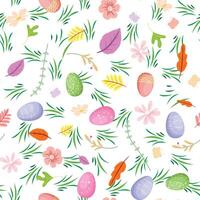 Easter seamless pattern with painted eggs, grass and flowers vector