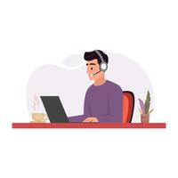 Online Support, Customer Service and Call Center Concept. Young man wearing headsets and having a call, coffee and plant on the desk. vector