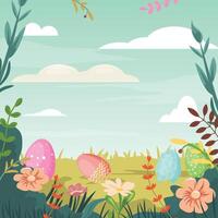 Sunny square composition for happy Easter eggs hunting. Landscape with Easter eggs on the lawn. Template for cards, posters, advertisements vector