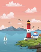 Lighthouse on rock stones island landscape, Mercusuar tower illustration in flat style vector