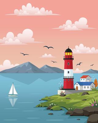 Lighthouse on rock stones island landscape, Mercusuar tower illustration in flat style