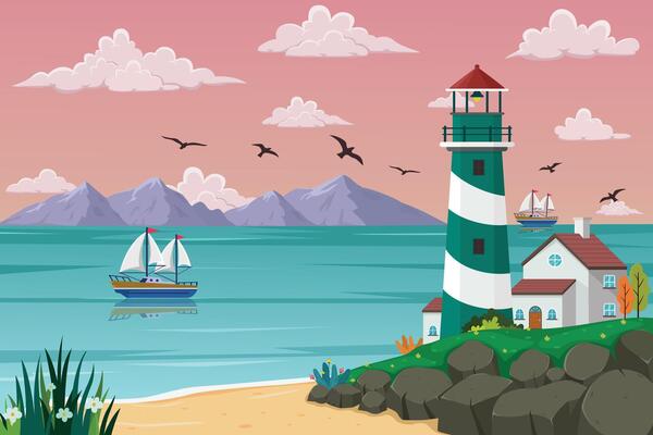 Lighthouse on rock stones island landscape, Mercusuar tower illustration in flat style