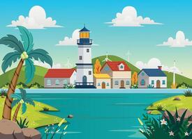 Lighthouse on rock stones island landscape, Mercusuar tower illustration in flat style vector