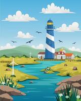 Lighthouse on rock stones island landscape, Mercusuar tower illustration in flat style vector