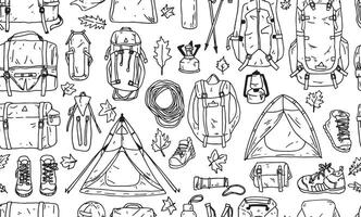 seamless pattern with equipment for hiking. backpack, tent, boots. simple line drawing in doodle style. vector