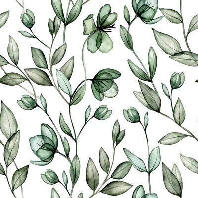 watercolor drawing. seamless pattern with transparent flowers and green leaves. x-ray