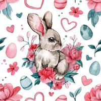 watercolor seamless pattern with Easter bunny, eggs and flowers. delicate print vector