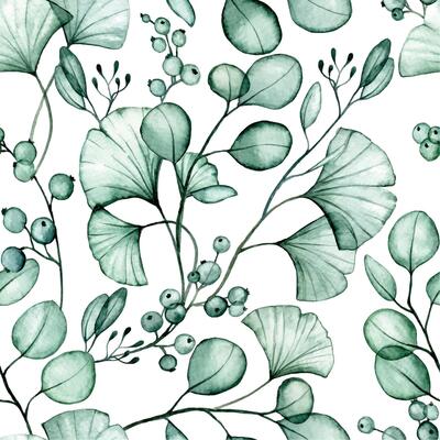 watercolor drawing. seamless pattern with transparent eucalyptus and ginkgo leaves. x-ray