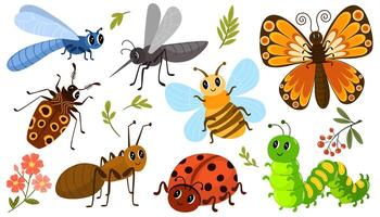 Cute insects set. Butterfly, ant, ladybug, bee, mosquito, caterpillar, dragonfly and beetle. Vector hand draw illustration isolated on white background