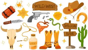 salvaje Oeste colocar. plano diseño colección con Texas madera la carretera firmar, vaquero sombrero, botas, pistola, cactus, lazo, salón letrero, vaca cráneo, sillín. vector mano dibujar ilustración aislado