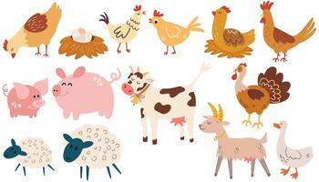 Farm animals set. Variety of funny farm animals in a cartoon flat style. Hand drawn colored trendy Vector illustrations.