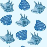 mar conchas sin costura modelo. verano marina animal antecedentes. de moda modelo de conchas marinas para envase papel, fondo de pantalla, pegatinas, cuaderno cubrir. vector Oceano caracol dibujos animados fondo ilustración.