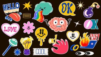 Acid rave set. Psychedelic trippy, acidic abstract characters and objects. A set of Y2K-style elements for graphic design. Vector illustration