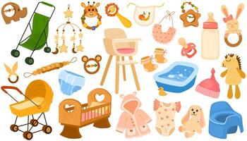 Newborn accessories. Baby care items, cradles, toys, baby clothes, milk bottles and rattles, rubber pacifier and diaper, stroller, feeding chair, bathing tub. Maternity and childhood vector set