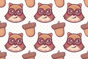 cute raccoon animal and acorn character seamless pattern vector illustration