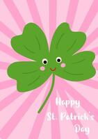 Cute St Patricks Day greeting card with smiling clover leaf on the pink background. Vector illustration. Cartoon Irish holiday symbol, funny clover character.