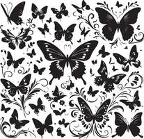 mariposas y flores, modelo con mariposas, conjunto de mariposas, volador mariposas silueta negro conjunto aislado en blanco antecedentes vector