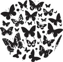 mariposas y flores, modelo con mariposas, conjunto de mariposas, volador mariposas silueta negro conjunto aislado en blanco antecedentes vector