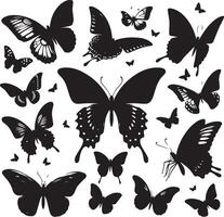 mariposas y flores, modelo con mariposas, conjunto de mariposas, volador mariposas silueta negro conjunto aislado en blanco antecedentes vector