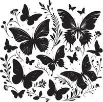 mariposas y flores, modelo con mariposas, conjunto de mariposas, volador mariposas silueta negro conjunto aislado en blanco antecedentes vector