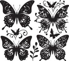 mariposas y flores, modelo con mariposas, conjunto de mariposas, volador mariposas silueta negro conjunto aislado en blanco antecedentes vector