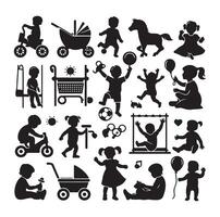 Toddler child activity silhouettes illustration, set of children playing with toys vector