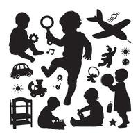 niñito niño actividad siluetas ilustración, conjunto de niños jugando con juguetes vector