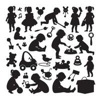 Toddler child activity silhouettes illustration, set of children playing with toys vector