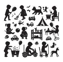 Toddler child activity silhouettes illustration, set of children playing with toys vector