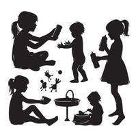 Toddler child activity silhouettes illustration, set of children playing with toys vector