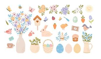 Cute set happy Easter design elements in pastel colors. Rabbit, egg, flowers, eggs, chicken, butterfly and other spring elements. For poster, covers, label, template, pattern, holiday decoration. vector