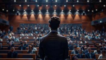 AI generated Speaker at business conference hall photo