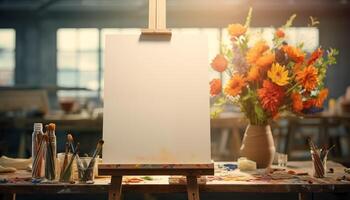 AI generated empty canvas on wooden easel with flower vase and paintbrushes photo